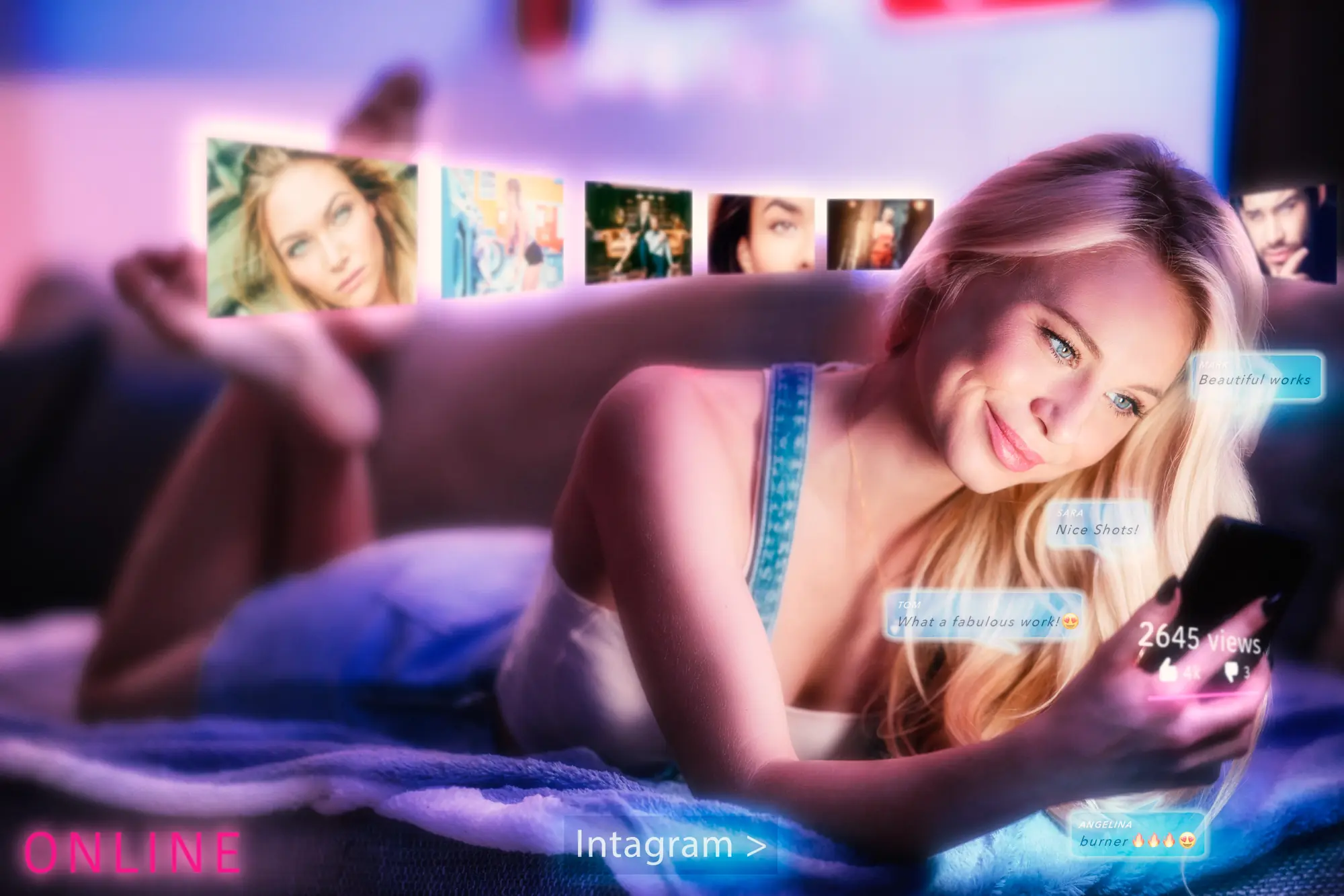 Werbefotografie: Frau mit Smartphone auf dem Sofa, umgeben von Social-Media-Einblendungen