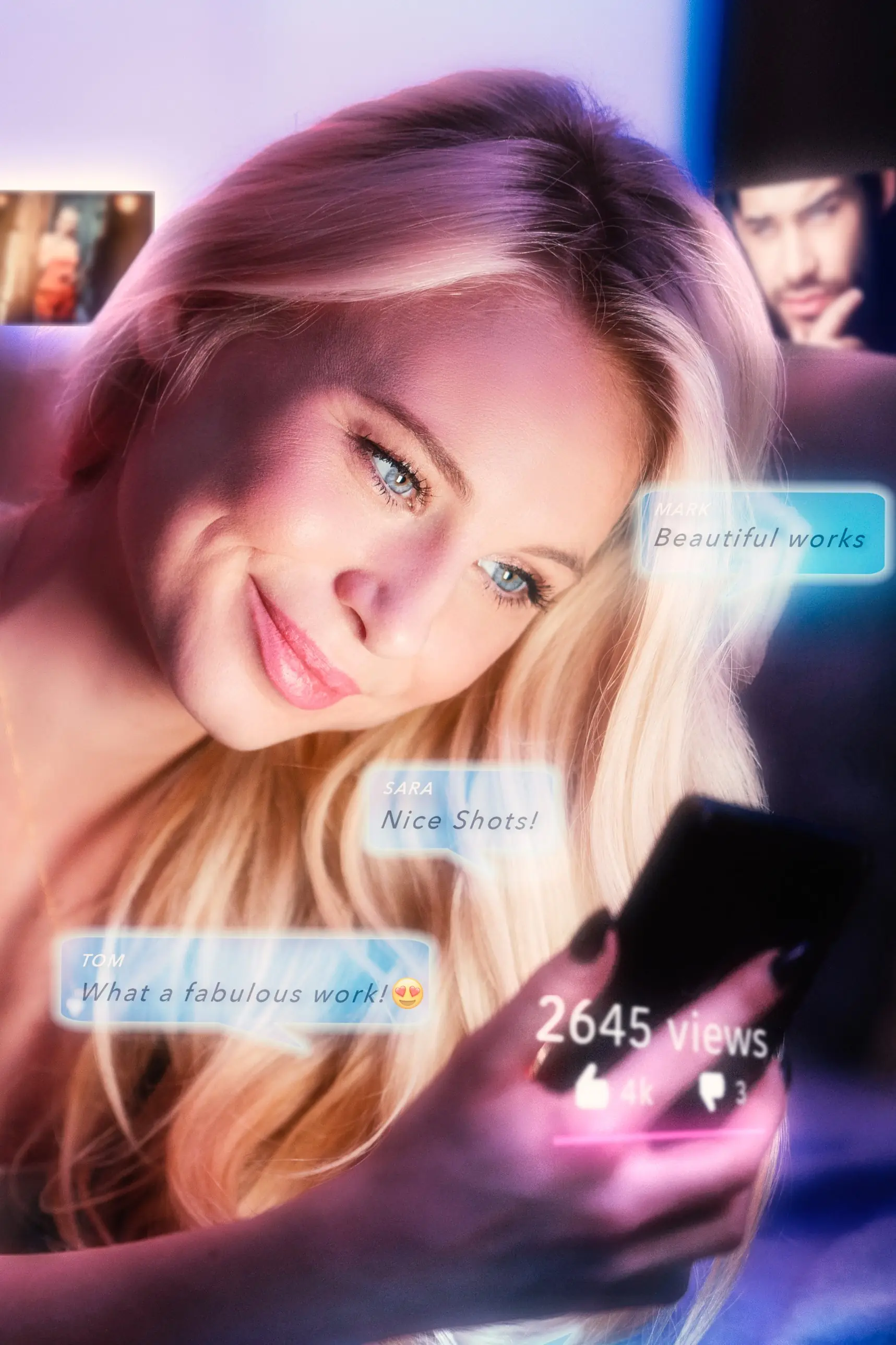 Werbefotografie für Social Media: Frau mit Smartphone im Neonlicht, umgeben von Kommentar-Einblendungen